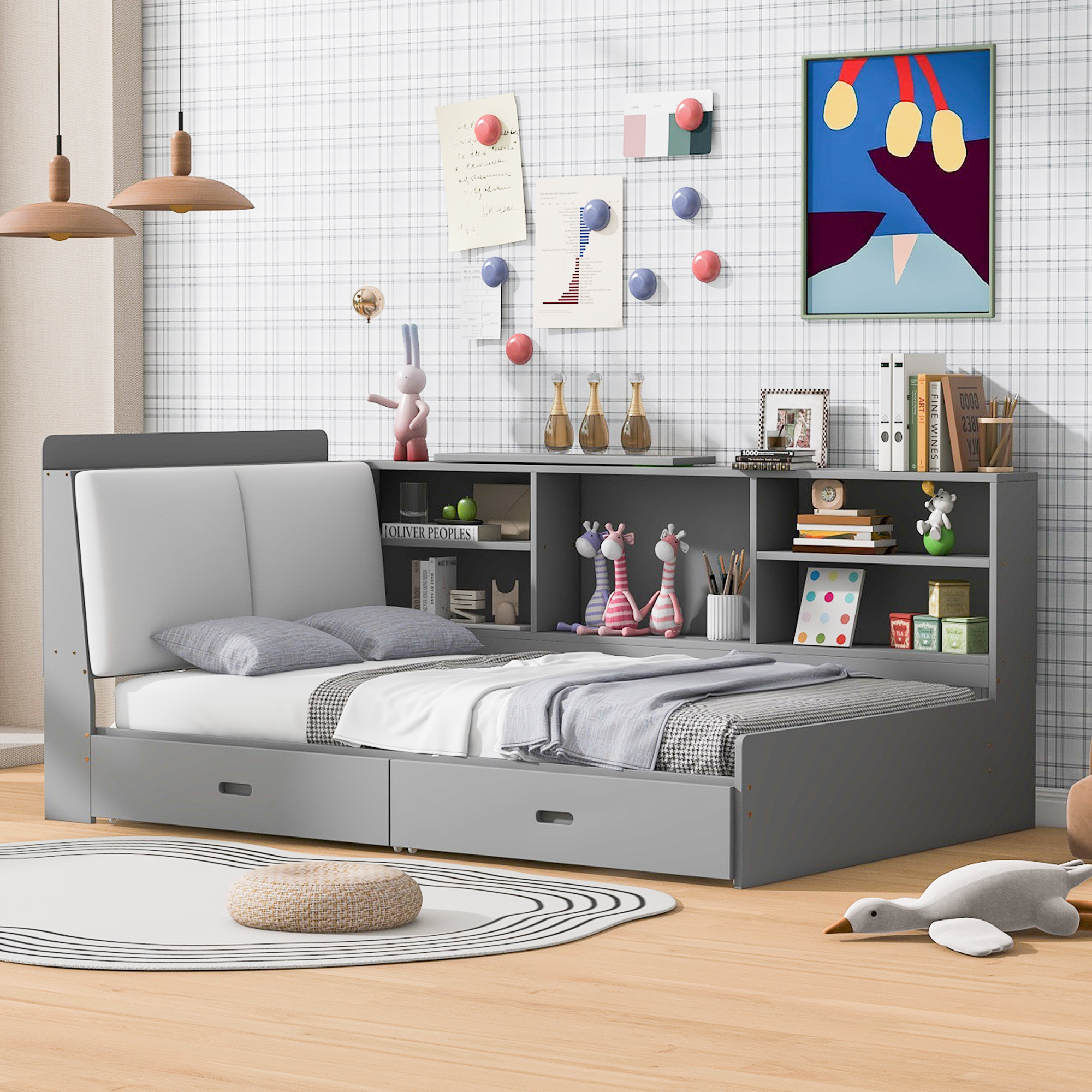 Euroco Wood Twin Platform Bed with Storage Headboard and Shelves, 2 Drawers Floor Bed for Kids Teens, Gray