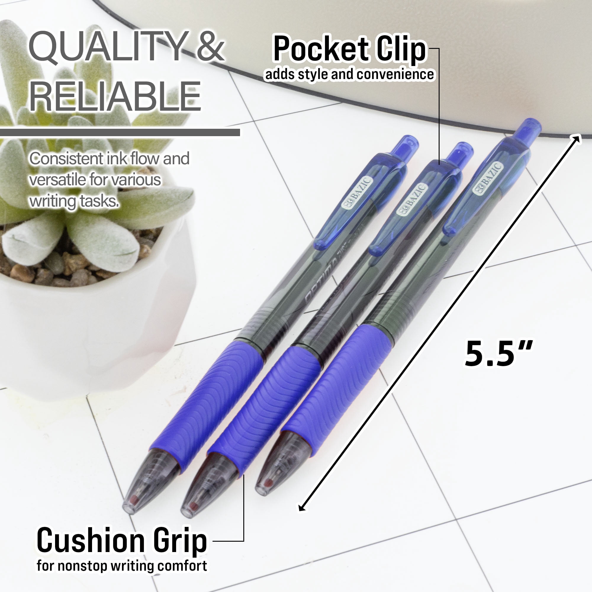 BAZIC Optima Blue Fuse Tech Ink Retractable Pen, 0.7 mm, (3/Pack), 24-Pack