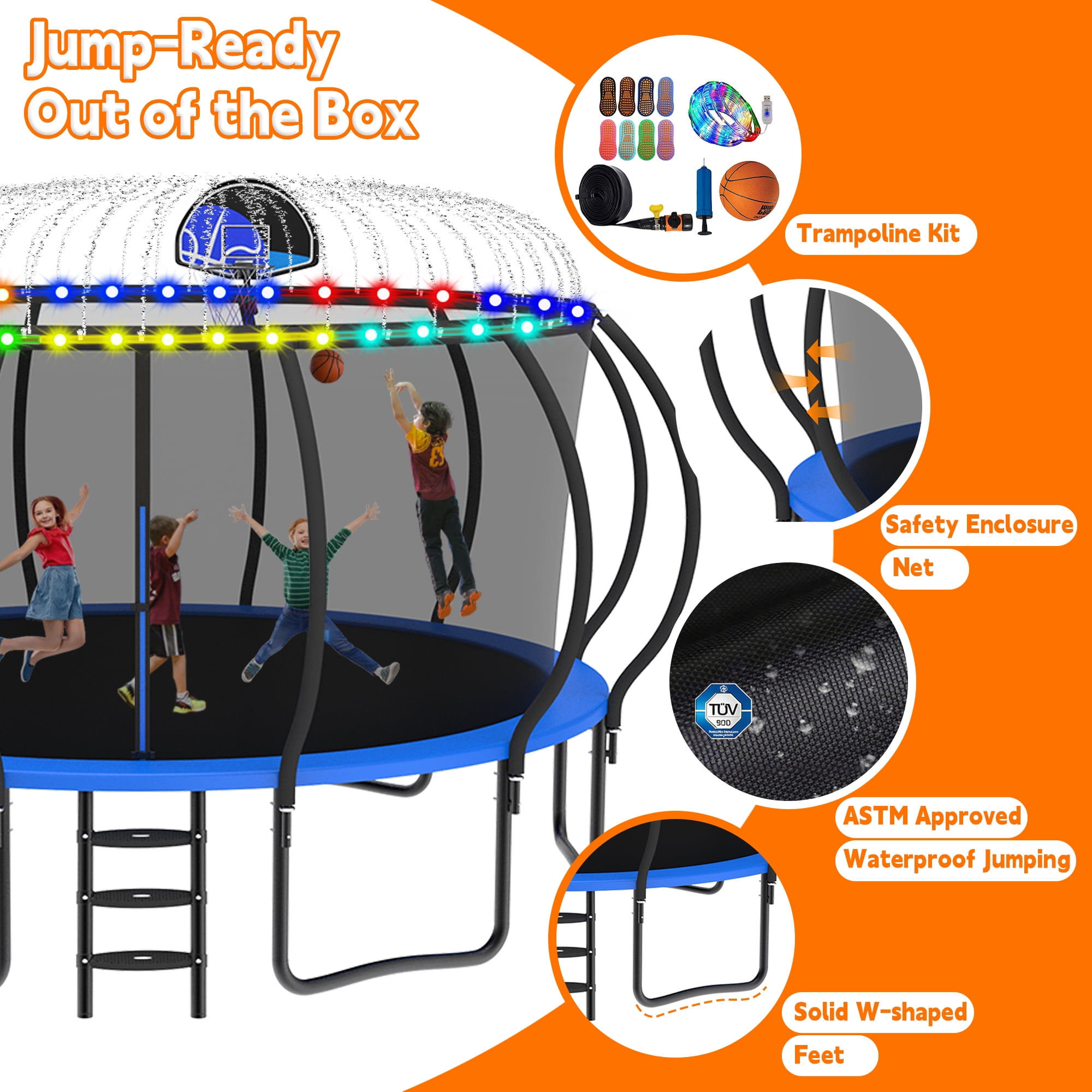 DeepRoar 2026 Upgraded 10FT Trampoline for Kids, Heavy Duty 1000LBS Outdoor Trampoline Set with Enclosure, Basketball Hoop, Light and Sprinkler, Recreational Trampolings for Backyard