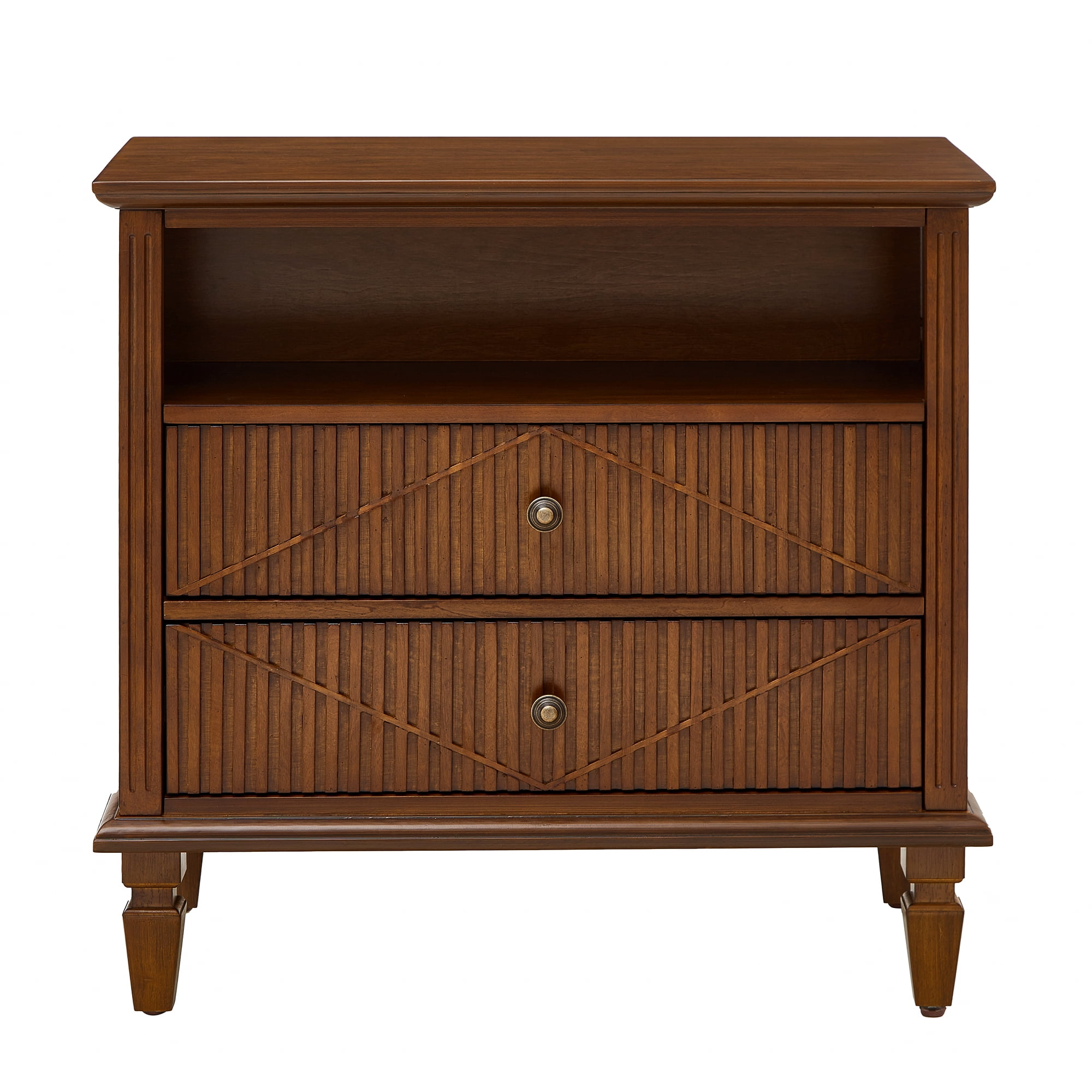 GARITIN Farmhouse Nightstand with Charging Station, 2-Drawer Engineered Wood Storage Cabinet, Bedside Table for Bedroom Guest Room, Walnut