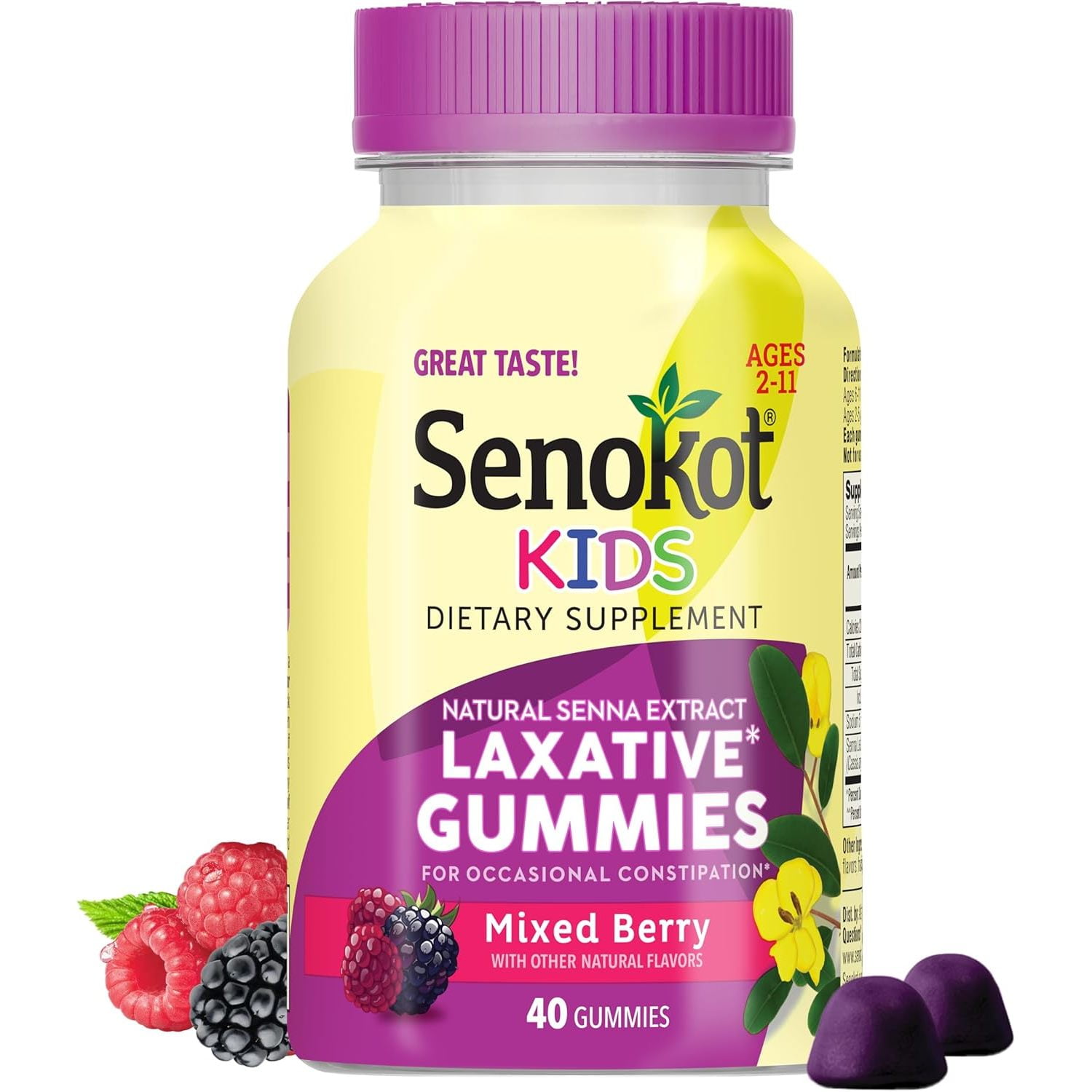 Senokot Kids Mixed Berry Laxative Gummies with Senna Extract for Age 2+, 40 Count