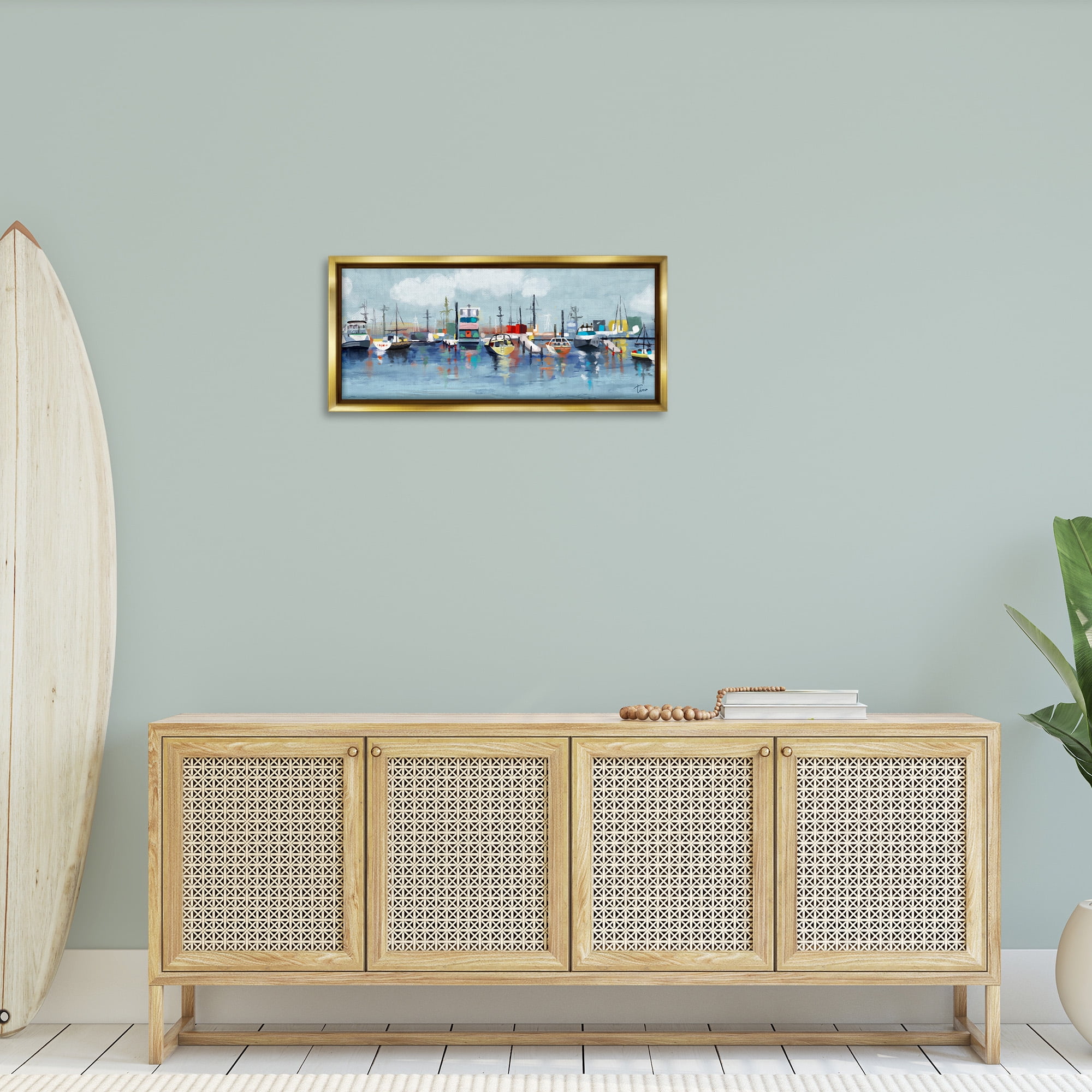 Stupell Industries Varied Boats Docked Port Marina Nature Painting Gold Floater Framed Canvas Art Print Wall Art, 31 x 14