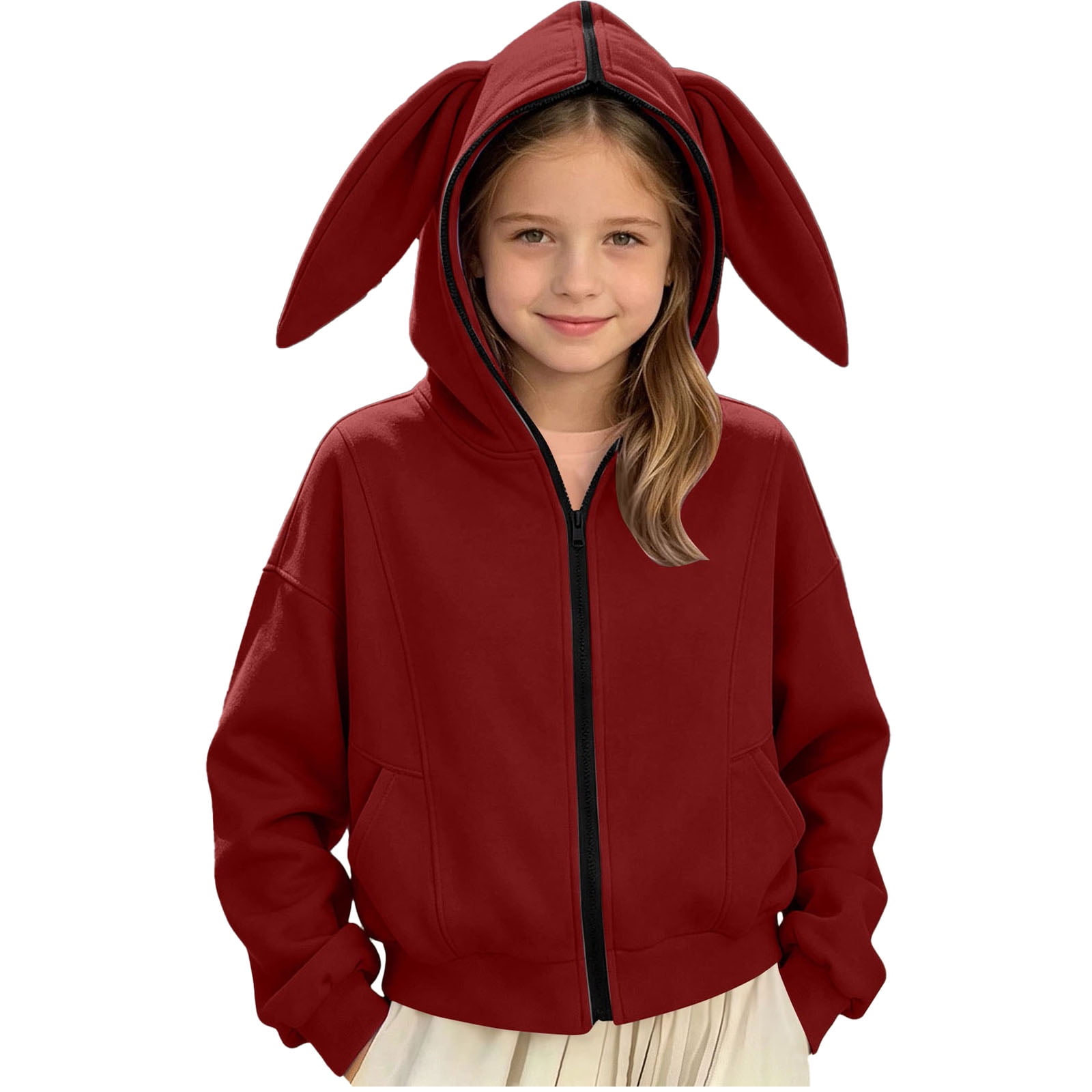 Pandaie Kids Bunny Ear Zip Up Hooded Jacket Long Sleeve Loose Fit Casual Outerwear With Side Pockets Soft Comfort Fabric Spring Fall Daily Layering Wear Wine 13-14 Year