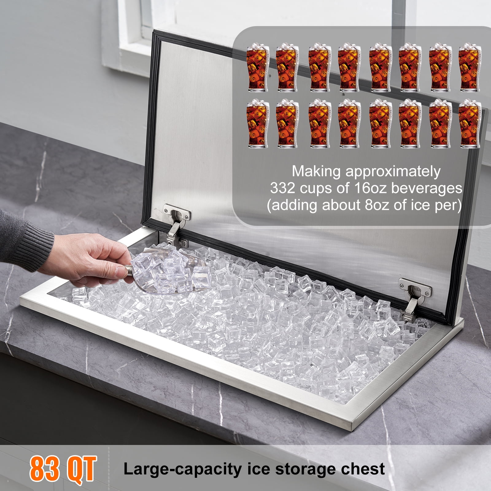 KFFKFF Stainless Steel Drop-In Ice Chest, 24"L x 20"W x 15"H, 40 qt Capacity with Hinged Lid, Outdoor Ice Cooler for Beverages, Includes Drain Pipe and Plug