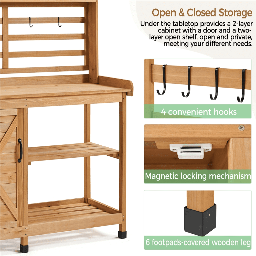 Renwick 4-layer Garden Work Bench with Cabinet & Open Shelf, Wood