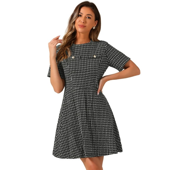 DARING DIVA Elegant Short Sleeve A-line Plaid Tweed Dress XS Black and White