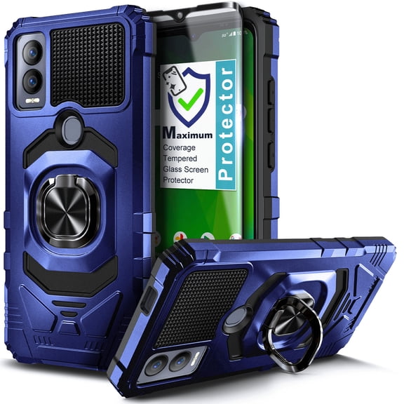 Nagebee For Cricket Magic 5G / AT&T Propel 5G Phone Case with Tempered Glass Screen Protector, Full-Body Protective [Military-Grade] Magnetic Car Mount Ring Holder Durable Cover (Blue)