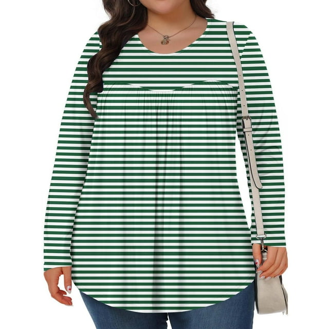 Mevxay Blouse à Rayures pour Femme Grande Taille Chic Décontractée T-Shirts Plissés Manches Longues Col Ras du Cou Tunique Fluide Hauts Vert 5TG