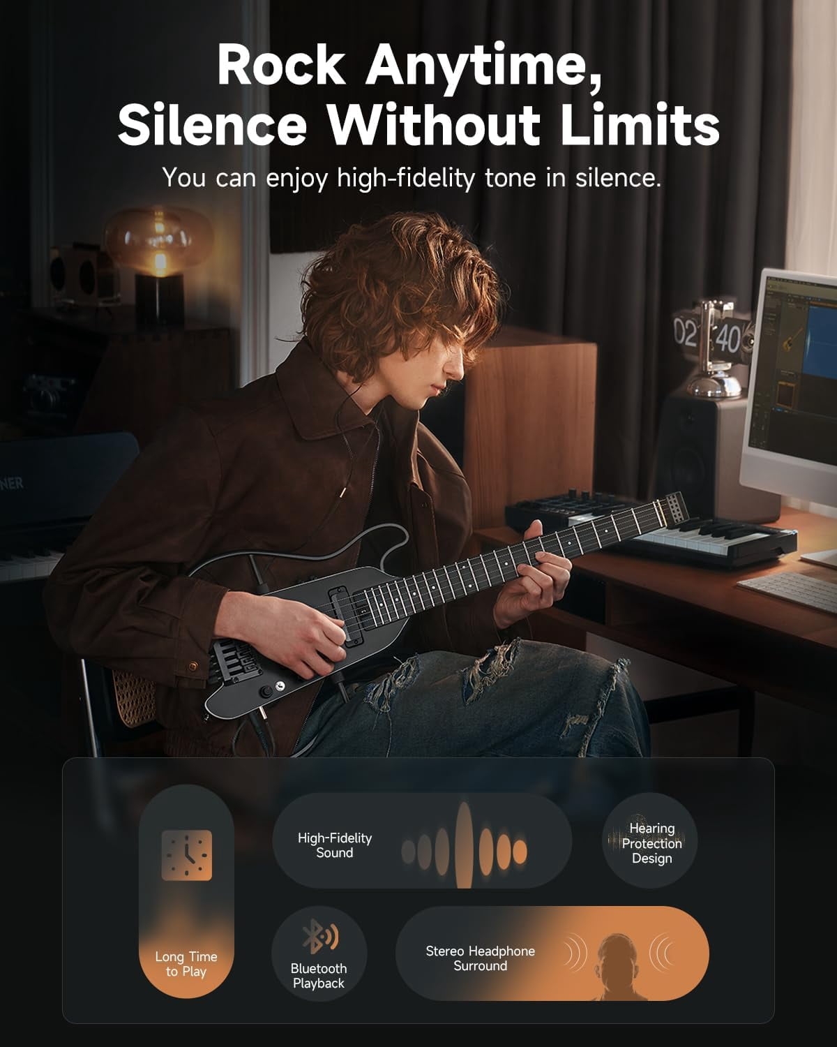 Donner HUSH X PRO Electric Guitar Kit - Smart Travel Guitar with Dozens of Preset Combinations, 7 Tone Sim Options, Black