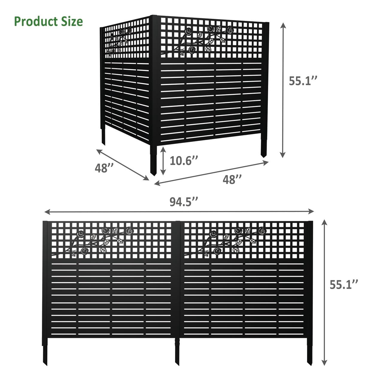 Mintazer 2 Panel Metal Privacy Screen with Rose Pattern, 48 x 47.3 inch Outdoor Air Conditioner & Trash Can Enclosure Fence, Black