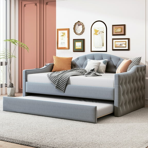 Twin Size Tufted Upholstered Daybed with Trundle, Velvet Sofabed with USB&Type-C Charging Ports, No Box-spring Needed, Gray
