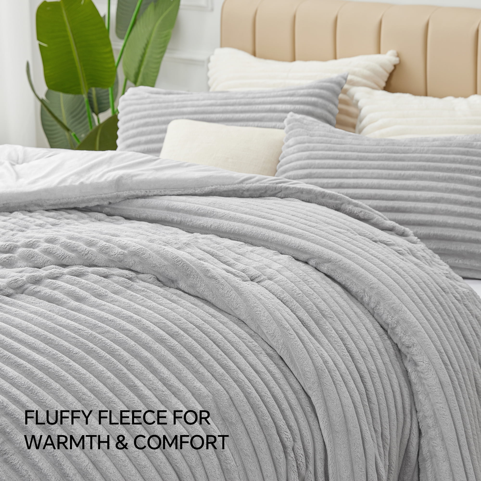 BEDELITE Fleece King Comforter Set -Super Soft & Warm Fluffy Grey Bedding, Luxury Fuzzy Heavy Bed Set for Winter with 2 Pillow Cases