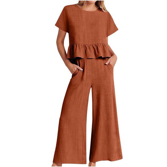 Ensemble d'Été Deux Pièces Grande Taille Manches Courtes Couleur Unie Ensemble de Détente Confortable Col Rond Doux Coupe Ample Ensemble d'Entraînement Décontracté Léger Ourlet à Volants Mode Quotidien Ensembles de Pyjama avec Poche (Kaki, P)