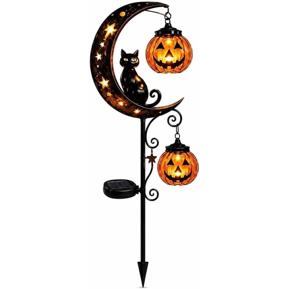 Halloween Garden Stake Light, Solar Pumpkin Moon Lights for Outdoor Yard Decor, Black Cat Design LED Ground Lights for Garden Pathway Patio Lawn Decoration, 1 Pack