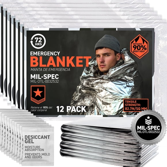 72 HRS (Pack of 12) MIL-SPEC 137 × 224 cm Emergency Blanket-Mylar Blanket, Thermal Blanket Emergency, Waterproof, Retains 90% Body Heat for Winter C