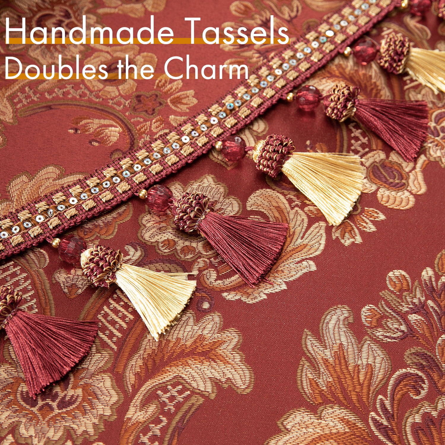 VOGOL Burgundy Damask Valance, Ultra Wide Swag Curtains with Beads 110x43 Inches for Bedroom