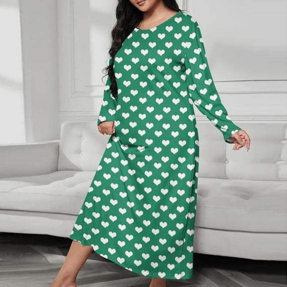 JUSLIO Womens Nightgown Graphic Print Nightgown Sleep Dress Long Sleeve Loungewear Round Collar Robes Army Green Pajama Nightgowns Sleepwear