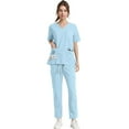 thumbnail image 3 of WTOBBY Women's Quick-Dry Short Sleeve V-Neck Scrubs Set with Pockets, Solid Color Nursing Uniform, 2-Piece Medical Workwear for Healthcare Professionals, Comfort Fit,Light Blue XL, 3 of 7