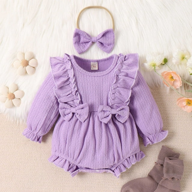 Infant Girls Long Sleeve Solid Bowknot Romper Newborn Bodysuits Headbands Set For 3-18 Months Baby