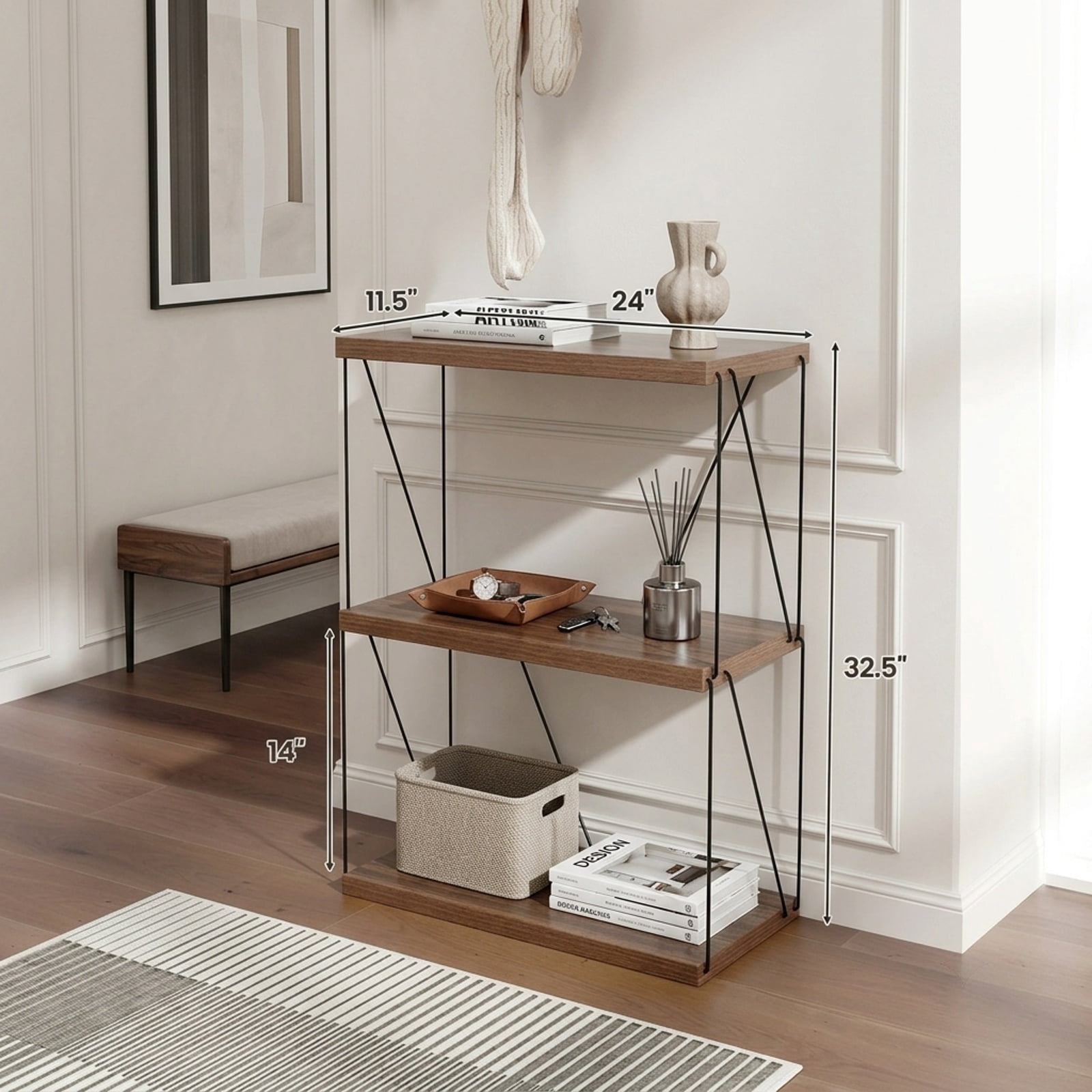 Furnibear 3-Tier Multipurpose Display Rack with Metal Frame for Living Room Home Office Bedroom Display Storage Shelf, Walnut