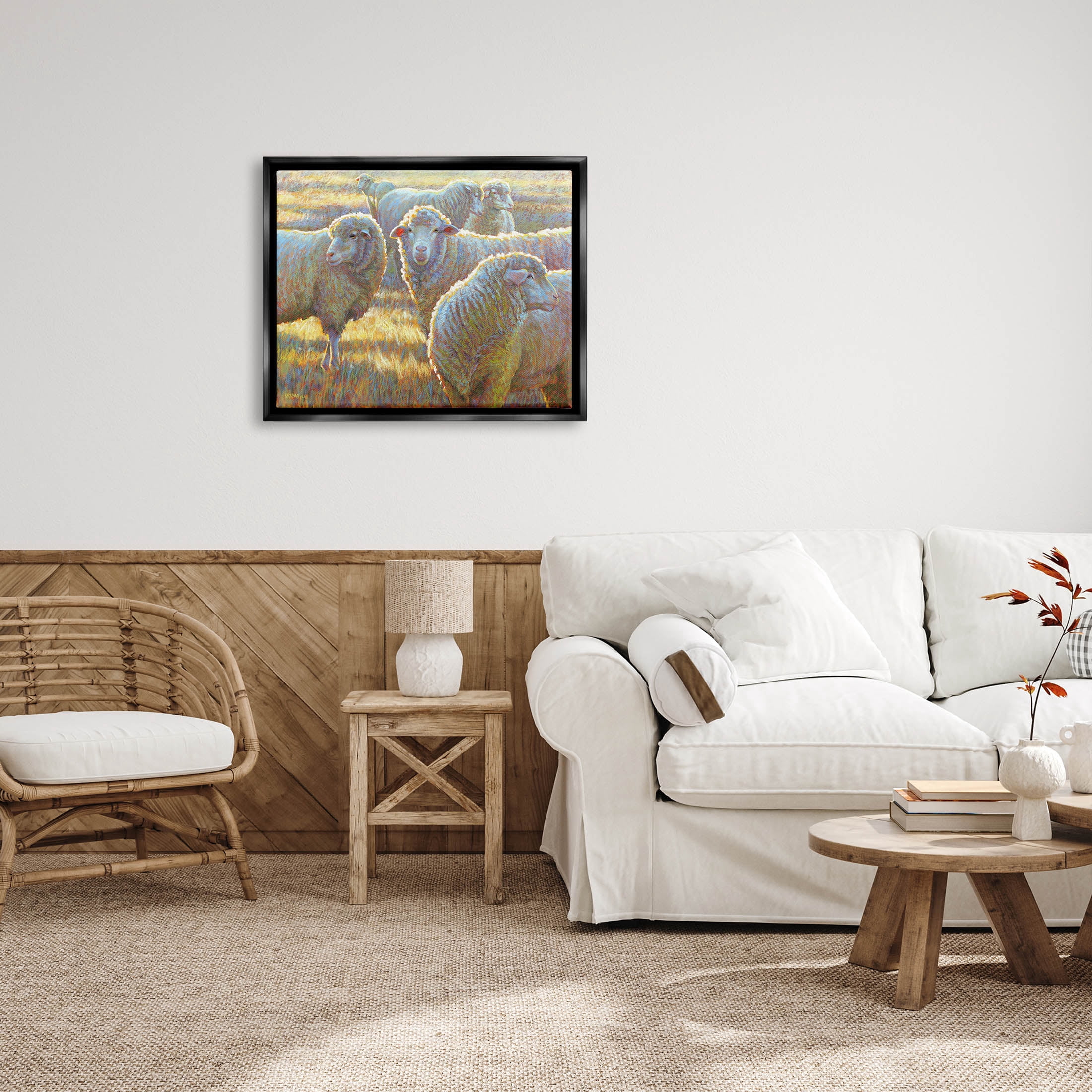 Sheep Herd Grazing Grassland Animals & Insects Painting Jet Black Framed Art Print Wall Art