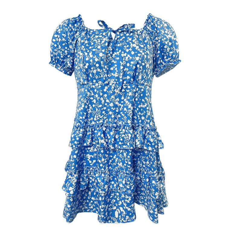 MRULIC dresses for women 2022 Women's Sexy Summer Pleated Sleeve Neckline  Print Dress Mini Dress Sundress Women's Casual Dress Blue + 3XL