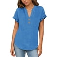 thumbnail image 6 of Hurxie Womens Puff Short Sleeve Sweater Tops Ruffle Henley Neck Spring Summer Pullover Dressy Casual Knit Shirts Blue,2XL, 6 of 7