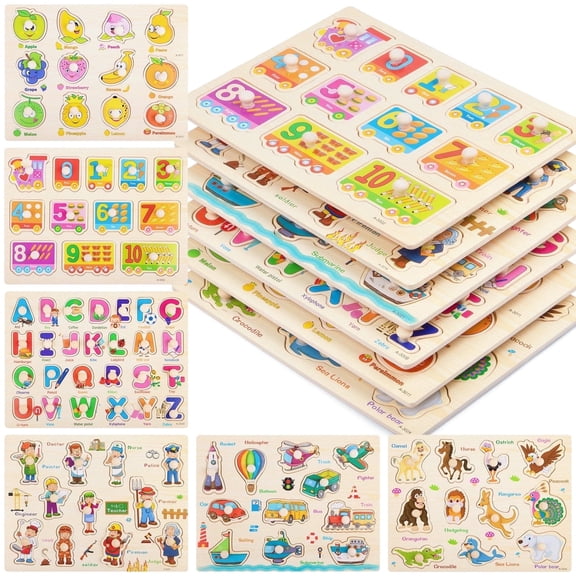 Zsiparty Wooden Peg Puzzles, 6 Pack 11.8 X 8.9 inch Preschool Puzzles Set, Montessori Learning Toys