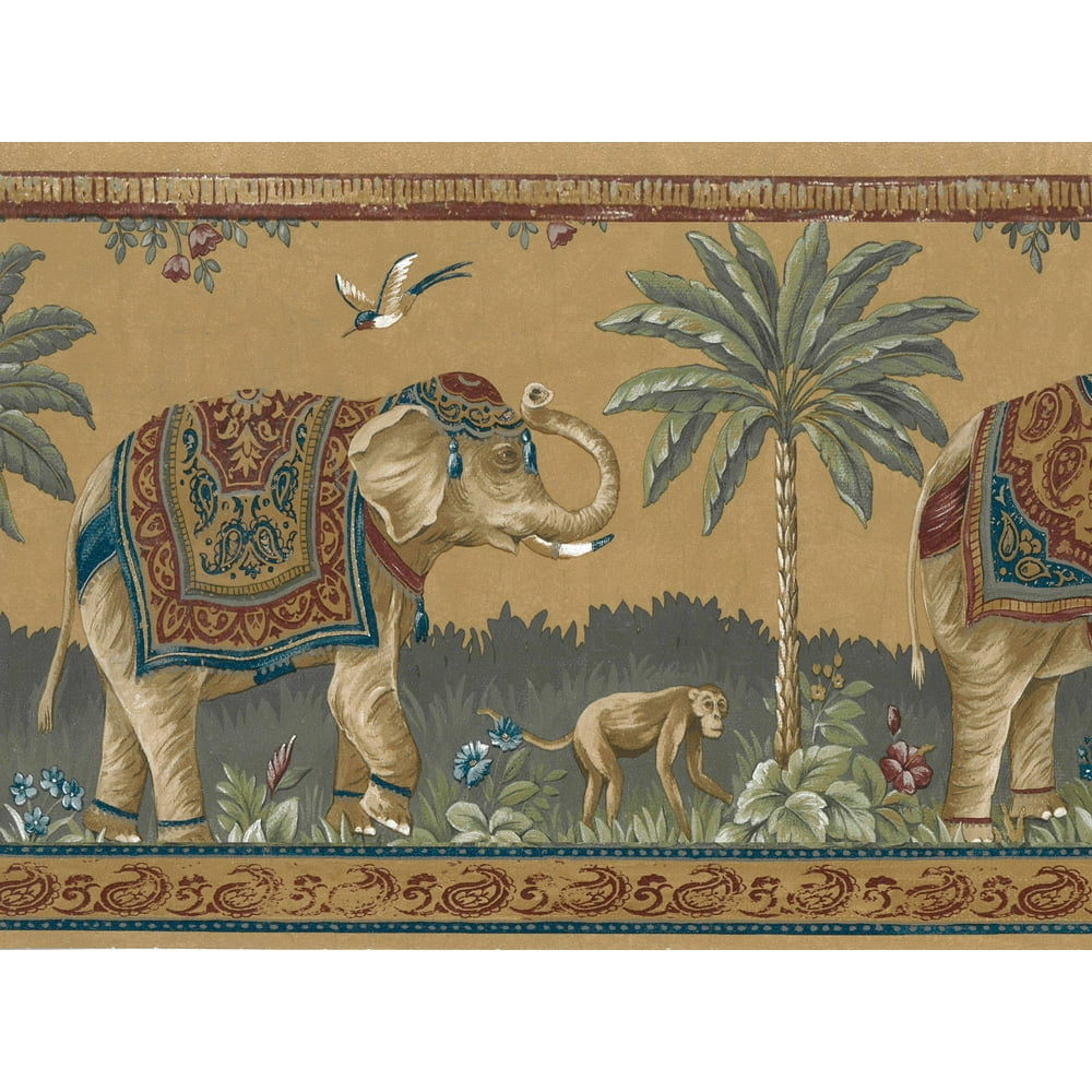 Prepasted Wallpaper Border Animal Brown, Mustard Yellow, Maroon