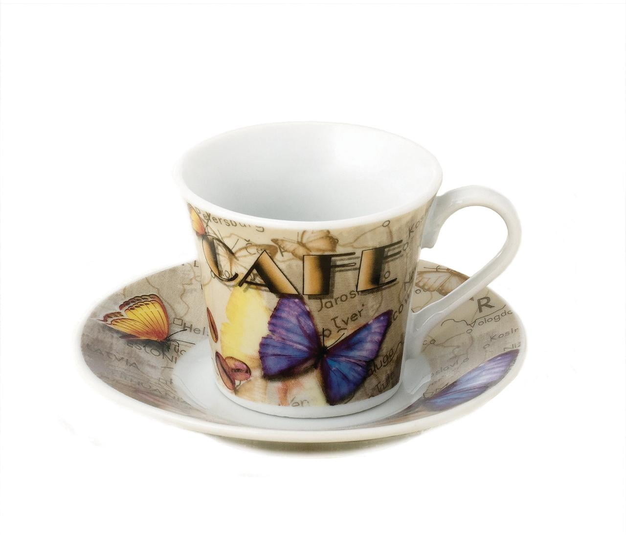 with 6 Stand - of Cups Metal Set 2oz, Saucers White and Set Espresso Porcelain