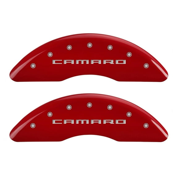 MGP 4 Caliper Covers Engraved Front & Rear Gen 5/Camaro Red finish silver ch Fits select: 2016-2019 CHEVROLET CAMARO SS