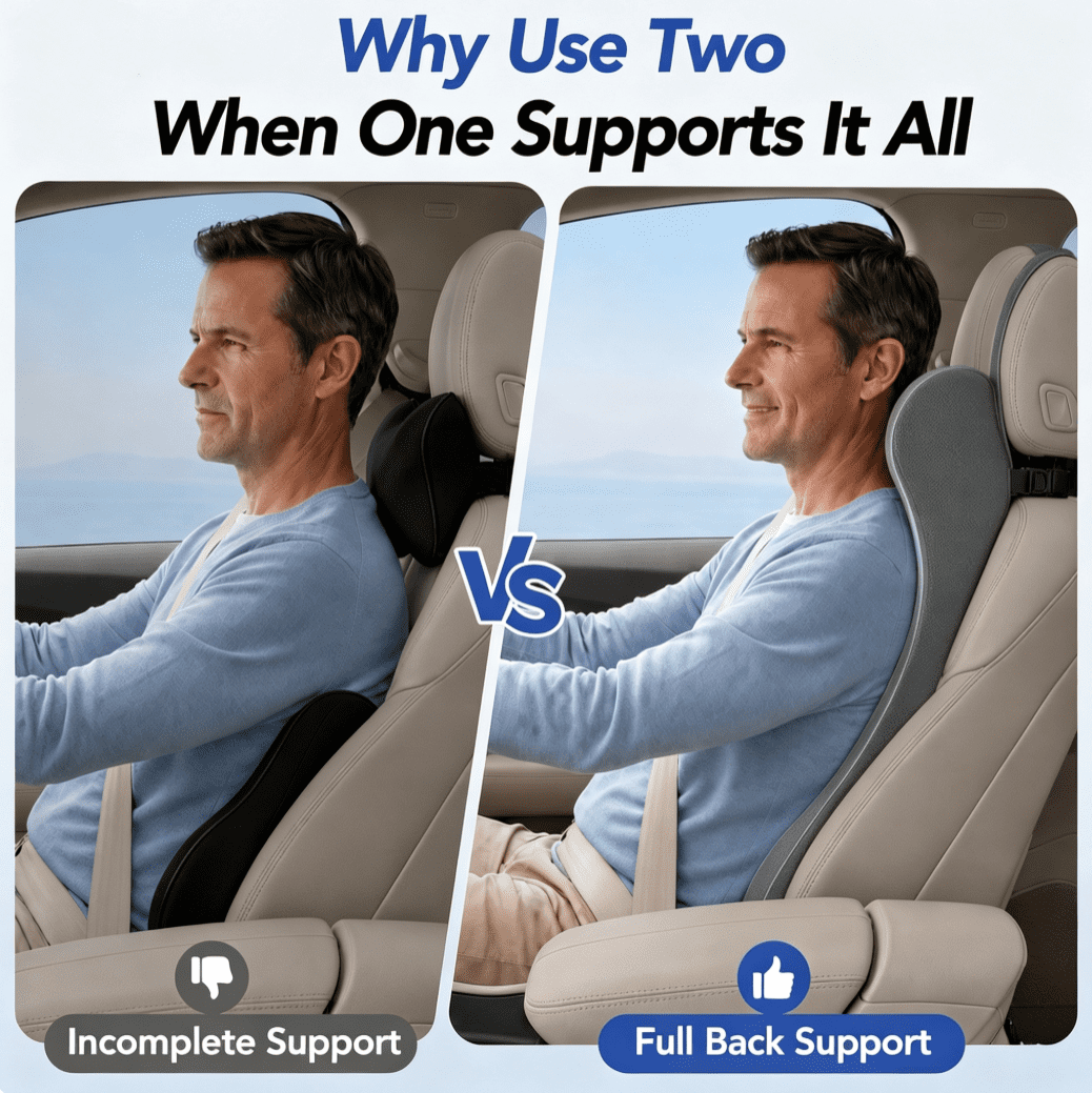 QUTOOL Car Lumbar Support Pillow with Headrest, One-Piece Full Back Memory Foam Cushion, S-Curve Support for Cars SUVs Trucks