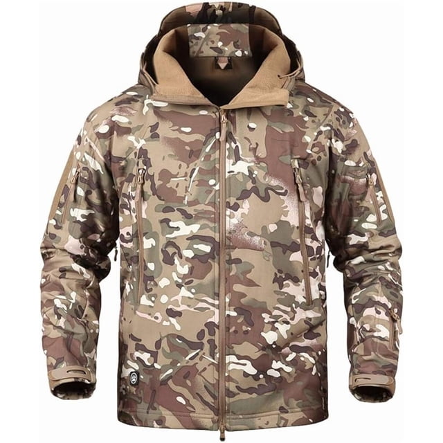 Chaqueta táctica de camuflaje con capucha para hombre, para otoño e invierno, para exteriores, estilo militar, softshell, forro polar, impermeable, resistente al viento, cálida, para caza y sende