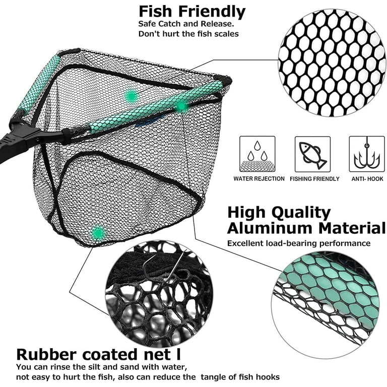 San Like Fishing Net, Folded Landing Nets with Telescopic Rod Durable Rubber Coated Net Fly Fishing Net Easy to Catch and Release Saltwater and