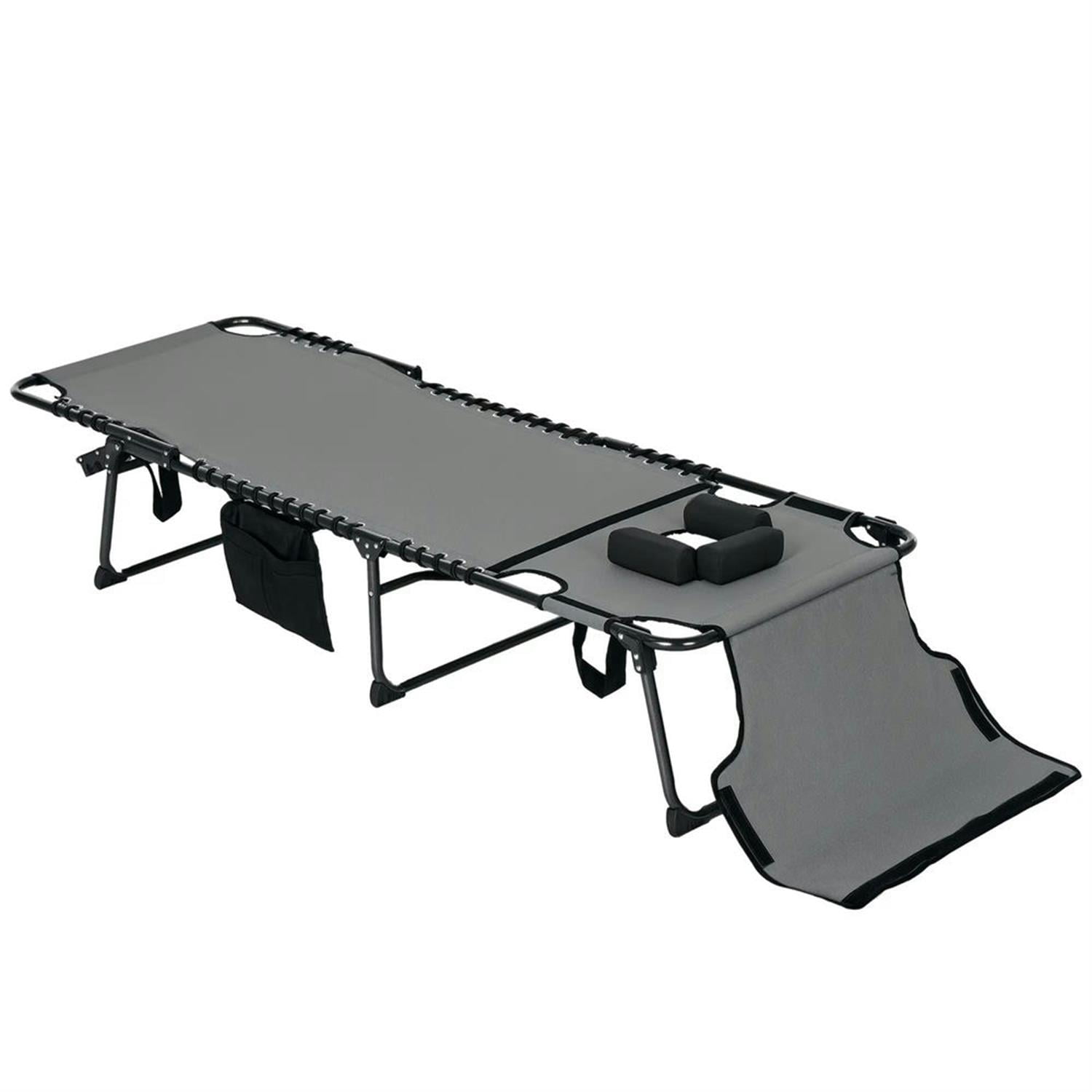 Demi Bonn Outdoor Folding Chaise Lounger with 5-Position Reclining, Built-in Reading Grommet, Side Storage, Pillow Relaxation for Sunbathing, Gray