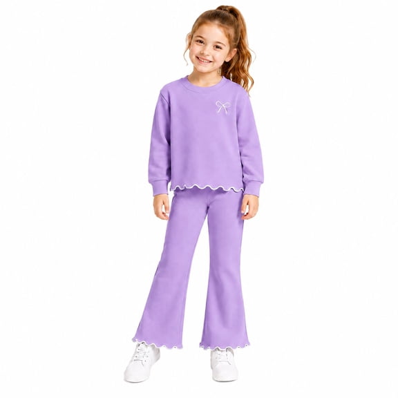 HILEELANG Girls 2 Piece Outfit Set, Bow Detail Long Sleeve Top & Flare Pants, Scallop Trim, Lavender, Sizes 3-8 Years