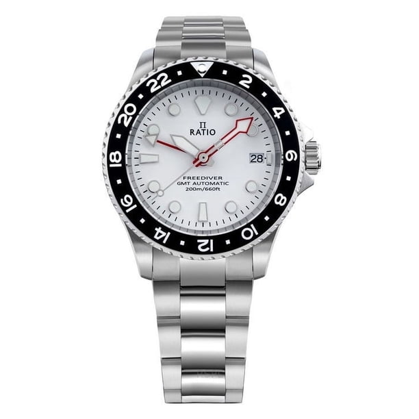 Ratio Reloj Automático FreeDiver Serie GMT con Zafiro, Acero Inoxidable, Esfera Blanca, RTF057, 200 M, para Hombre