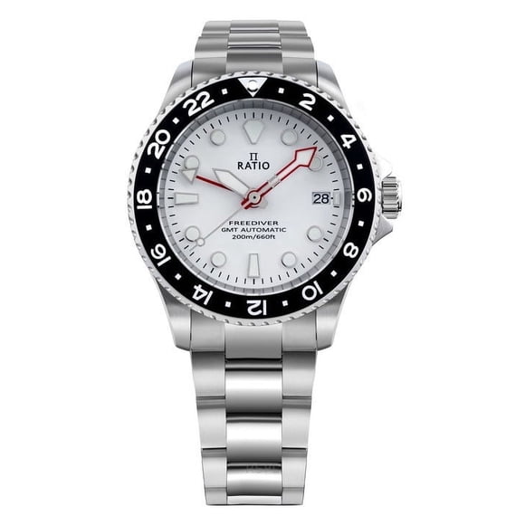 Ratio Reloj Automático FreeDiver Serie GMT con Zafiro, Acero Inoxidable, Esfera Blanca, RTF057, 200 M, para Hombre