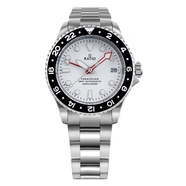 Ratio Reloj Automático FreeDiver Serie GMT con Zafiro, Acero Inoxidable, Esfera Blanca, RTF057, 200 M, para Hombre