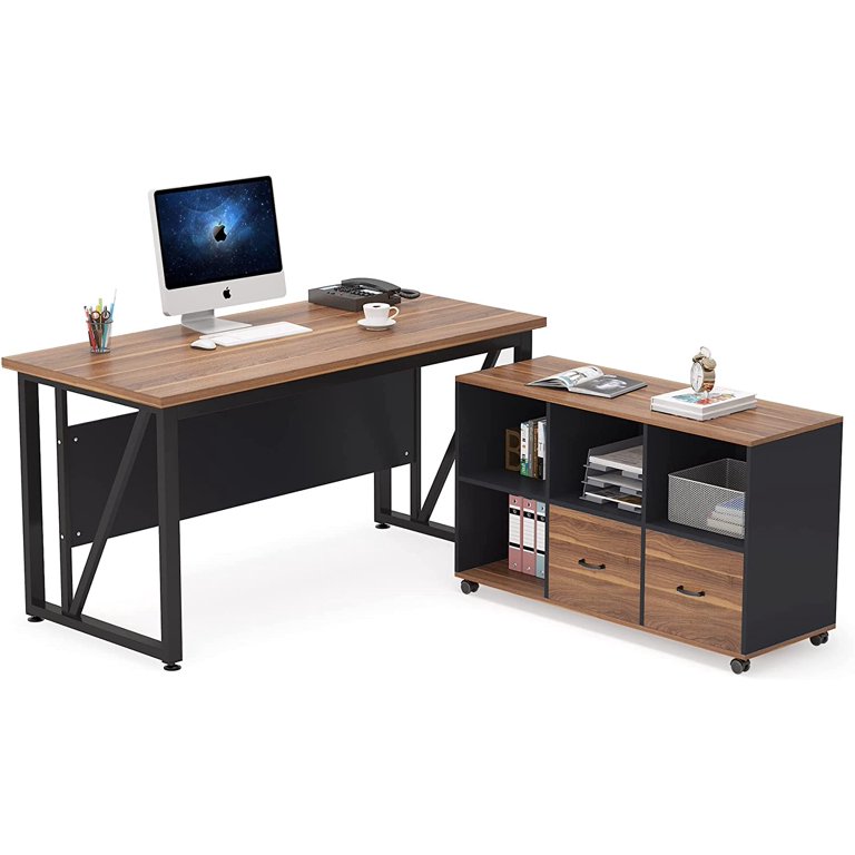 55 inches Executive Desk and 43 lateral File Cabinet, L-Shaped Computer  Desk Home Office Furniture with Drawers and Storage Shelves