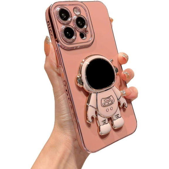 Compatible with iPhone 14 PRO MAX 5g 6D Plating Cute Astronaut Hidden Stand Holder Phone Case with Gold Side Heart Pattern Camera Protection for Women Shockproof Kickstand Bumper (Pink)