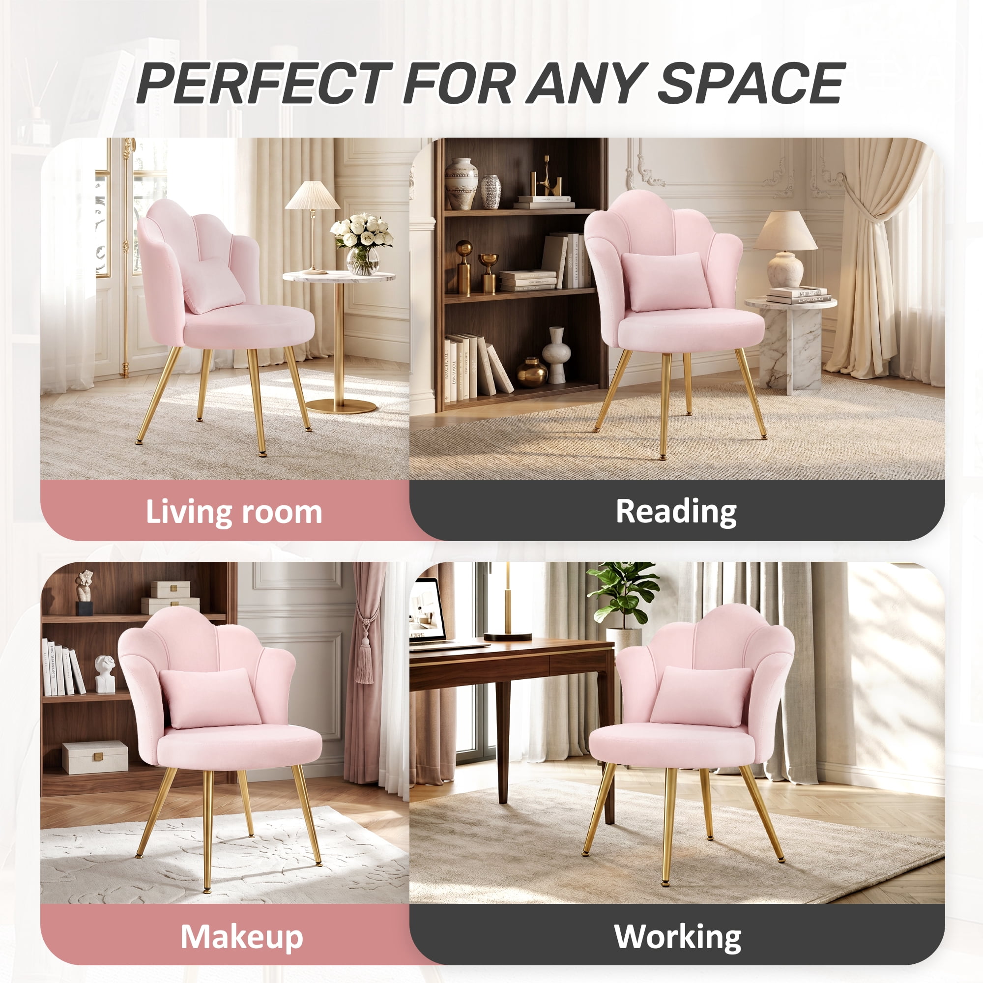 COOLHUT Petal Velvet Vanity Chair, Flower Cute Girls Mack Up Vanity Stool Chair with Lumber Pillow and Adustable Gold Legs, Upholstered Small Desk Chair for Living Room Bedroom Home Office, Pink