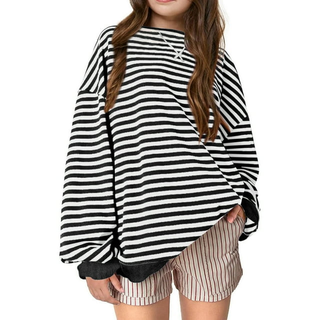 Hfolob Chandail Fille Enfants chandail Rayé à Blocs de Couleur Col Rond Manches Longues Chemise Décontractée Ample Chandail Classique Hauts