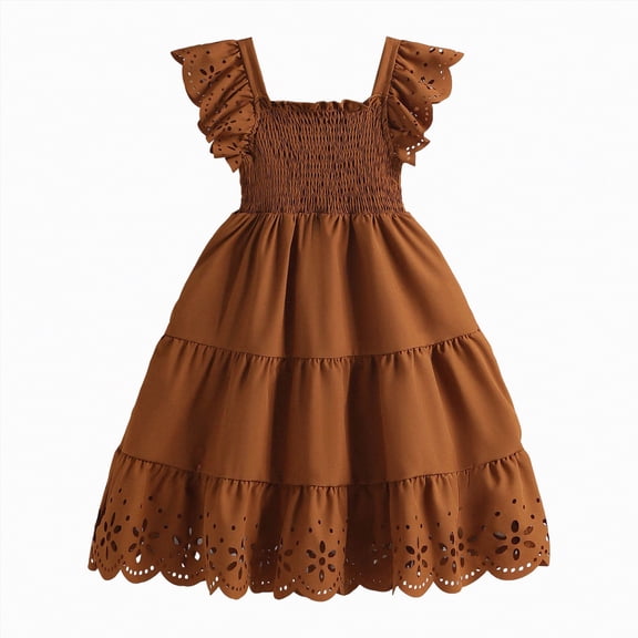 mgoYE Girls Dress Flowy Dress Summer Casual Flutter Sleeve Tiered Midi Sundress 3-7T(Brown,5-6 Years)