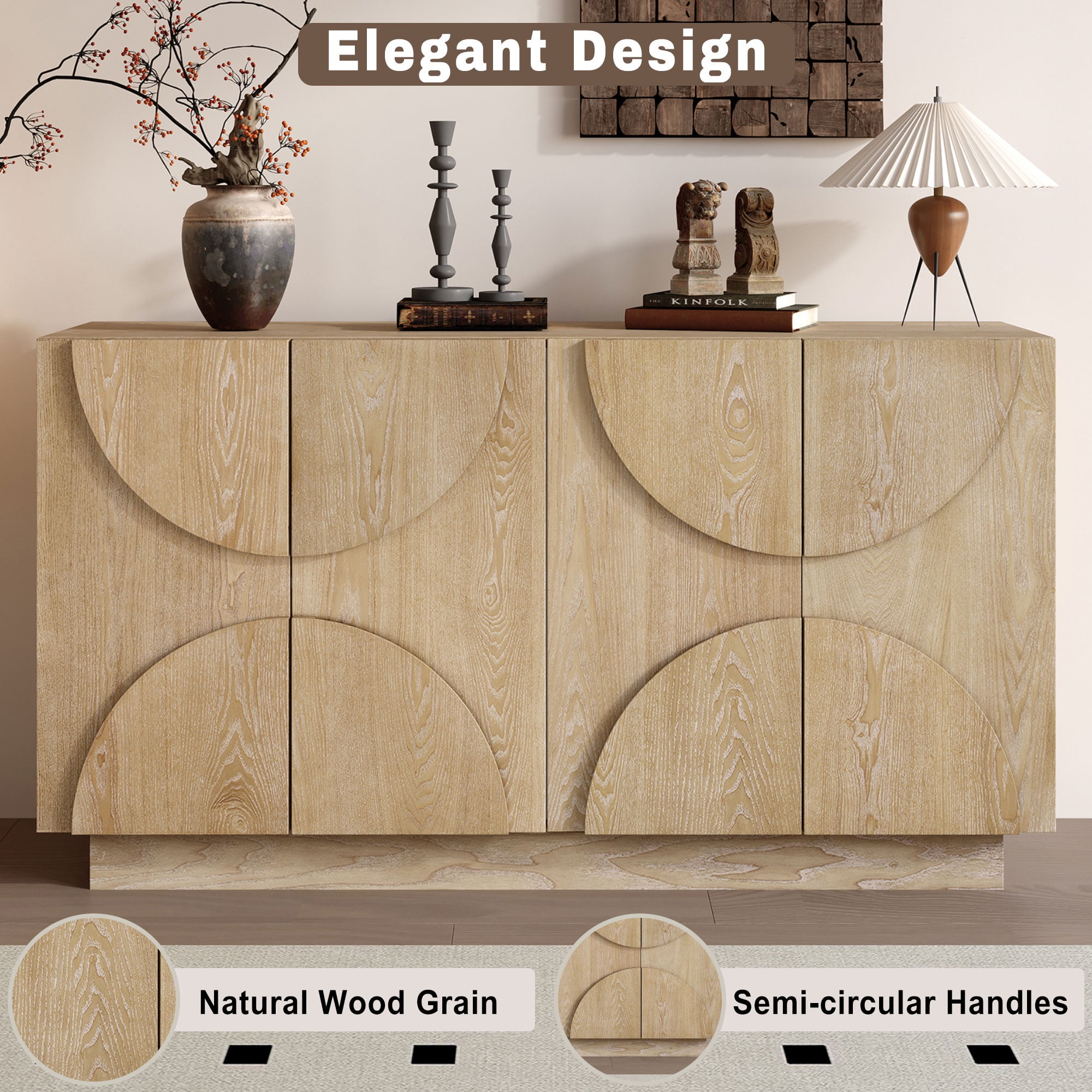 Atumon Buffet Cabinet, Accent Cabinet with 4 Doors, Buffet Cabinet with Adjustable Shelves, Wood Cabinet Furniture for Kitchen Dining Room Living Room, 56.3"L x 15.8"W x 31.3"H, Natural