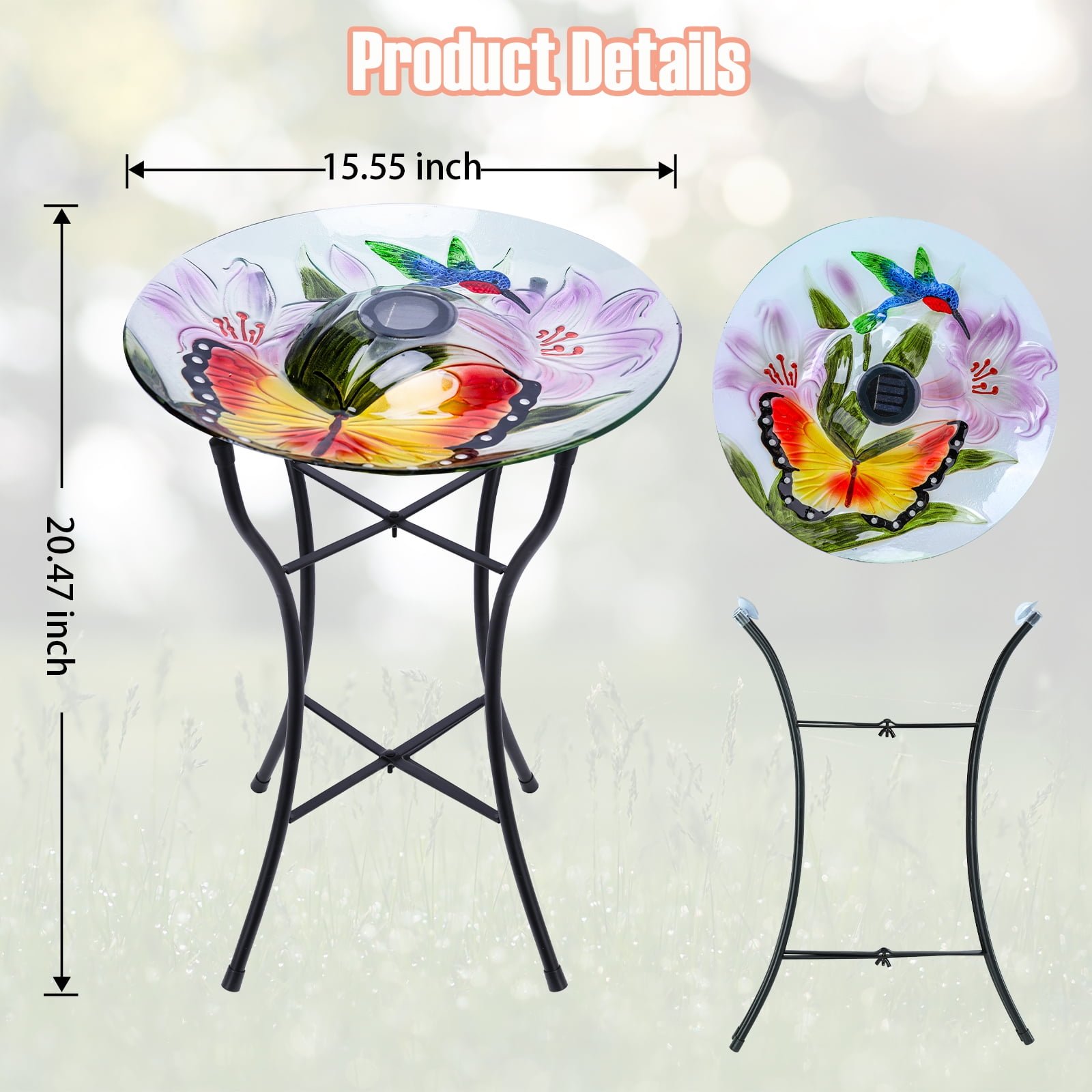 Outdoor Bird Bath, Solar Bird Bath, Butterfly Pattern, With Metal Stand, Attracts Birds, For Garden,Lawns,Patio