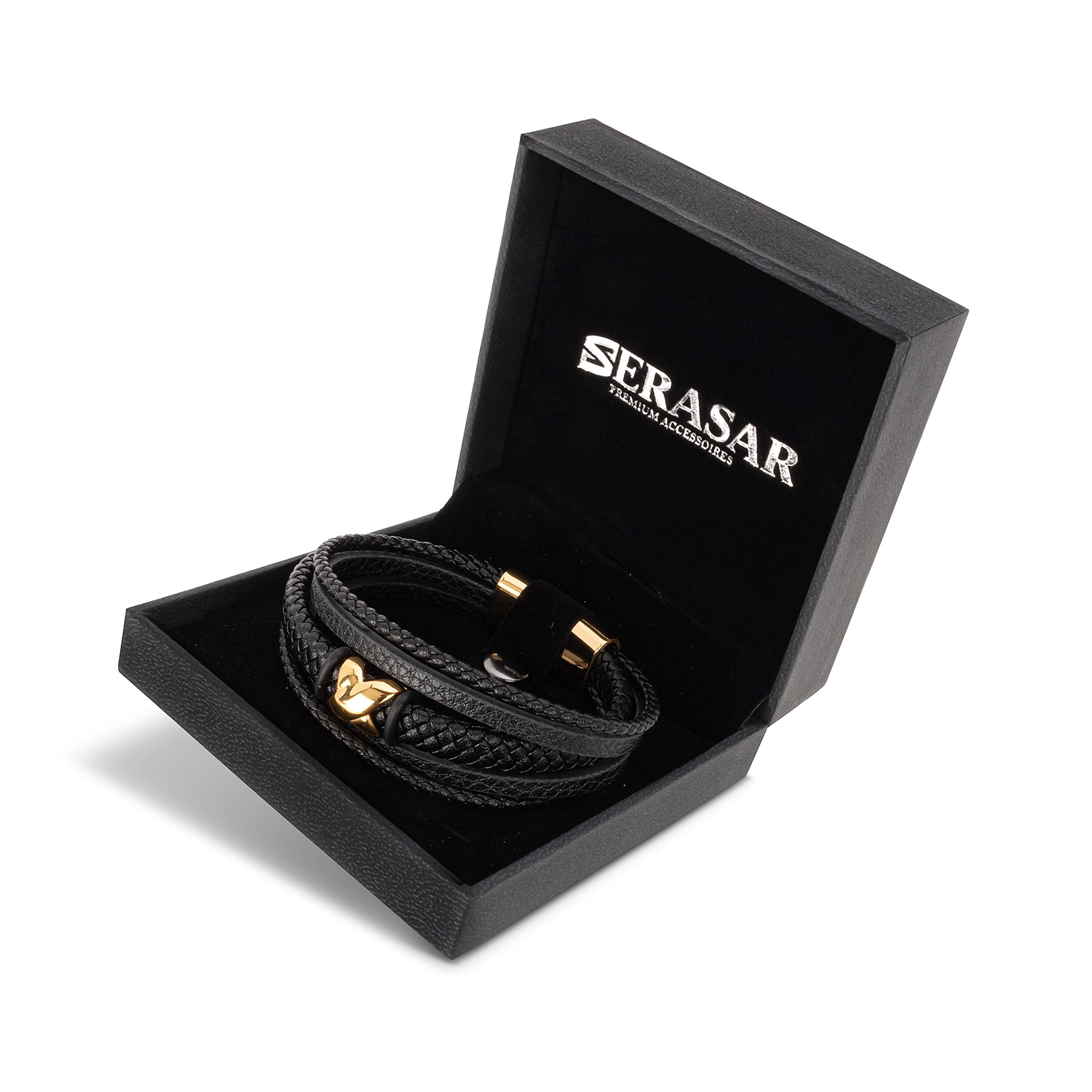 SERASAR Men's Premium Leather Bracelet "Flake" with stainless steel magnetic closure, Gold 20cm, including gift box