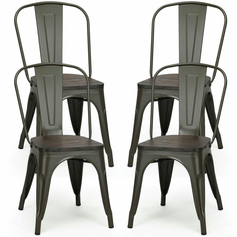 Demi Bonn 4 Pieces Tolix Style Metal Dining Side Chair Stackable Wood Seat, Black