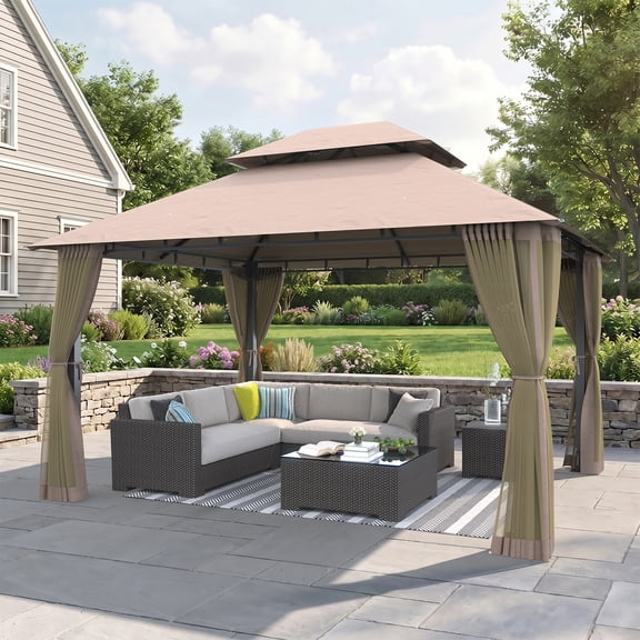 10x12 FT Patio Gazebo with Double-Layer Roof & Mosquito Netting, Heavy-Duty Metal Frame Canopy for Outdoor, Garden, Deck, and Backyard, Beige