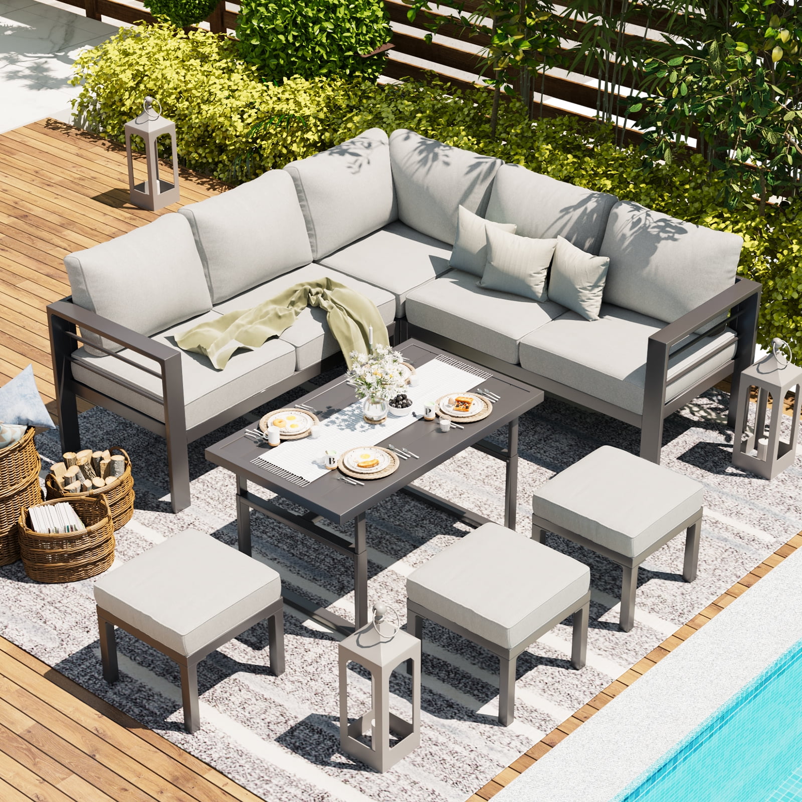 YODOLLA 7 Pieces Aluminum Patio Furniture Sets on sale with Adjustable Coffee Table with Light Grey Cushions